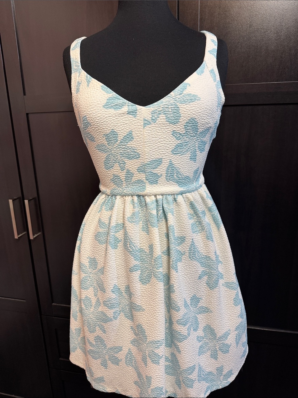 Zara White Mini Dress with Light Blue Floral Jacquard